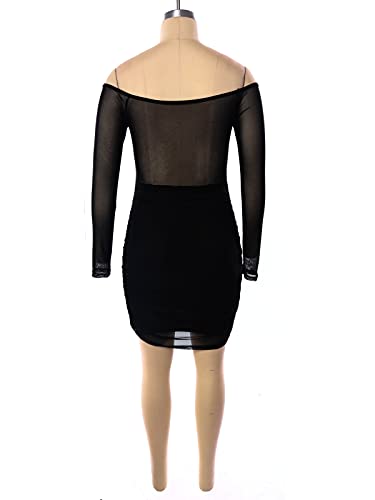 Uni Clau Women Sexy V Neck Mesh Patchwork Bodycon Dress Off Shouler See Through Long Sleeve Bodycon Dress Midi Party Club Dress Black L