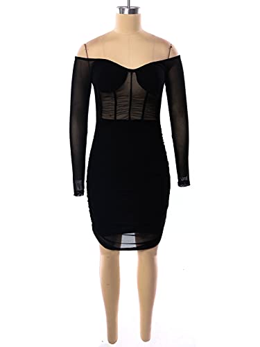 Uni Clau Women Sexy V Neck Mesh Patchwork Bodycon Dress Off Shouler See Through Long Sleeve Bodycon Dress Midi Party Club Dress Black L