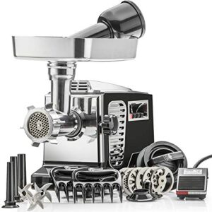 stx turboforce ii “platinum” w/foot pedal heavy duty electric meat grinder & sausage stuffer: 6 grinding plates, 3 s/s blades, 3 sausage tubes, kubbe, 2 meat claws, burger-slider patty maker – black