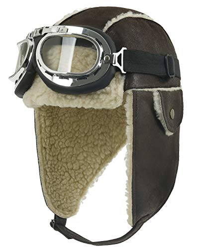 ililily Aviator Hat Winter Snowboard Fur Ear flaps Trooper Trapper Pilot Goggles, Brown,One Size (aviator-403-8)