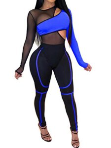 uni clau women’s sheer mesh two piece jumpsuits see through long sleeve bodysuit skinny long pants club romper blue s
