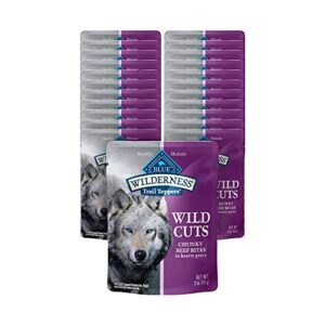 blue buffalo wilderness trail toppers wild cuts high protein, natural wet dog food, chunky beef bites in hearty gravy 3-oz pouches (pack of 24)