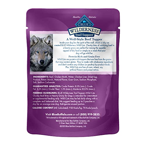 Blue Buffalo Wilderness Trail Toppers Wild Cuts High Protein, Natural Wet Dog Food, Chunky Beef Bites in Hearty Gravy 3-oz pouches (Pack of 24)