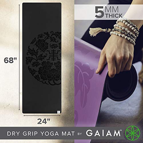 Gaiam Yoga Mat - Premium 5mm Dry-Grip Thick Non Slip Exercise & Fitness Mat for Hot Yoga, Pilates & Floor Workouts (68"L x 24"W x 5mm) - Black