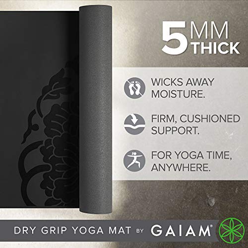 Gaiam Yoga Mat - Premium 5mm Dry-Grip Thick Non Slip Exercise & Fitness Mat for Hot Yoga, Pilates & Floor Workouts (68"L x 24"W x 5mm) - Black