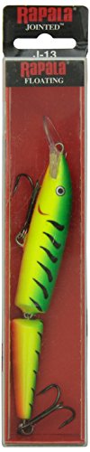 Rapala Jointed Lure, Size 13, 5 1/4" Length, 4'-14' Depth, 2 Number 2 Treble Hooks, Fire Tiger, Per 1, Firetiger, J13FT