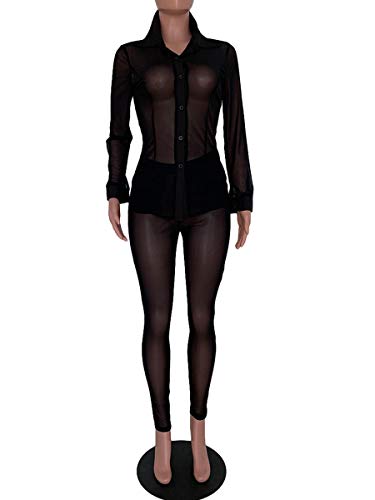 Uni Clau Women Sexy See Through Two Piece Outfits Set Long Sleeve Blouse Sheer Mesh Skinny Pants Club Jumpsuit Black XL