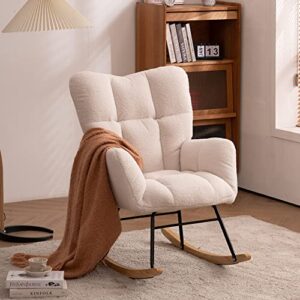 polaris garden nursery rocking chair, modern teddy fabric nursing chair for mom and baby, accent upholstered rocker glider chair with high backrest for nursery bedroom living room (ivory white)
