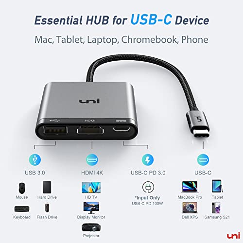 uni USB C to HDMI Multiport Adapter, USB-C / Thunderbolt 3 to [4K HDMI, PD 100W Charging, USB 3.0] Digital AV Adapter 3-in-1 Hub Compatible with MacBook Pro 2021/Air 2020, XPS 15, Galaxy S21