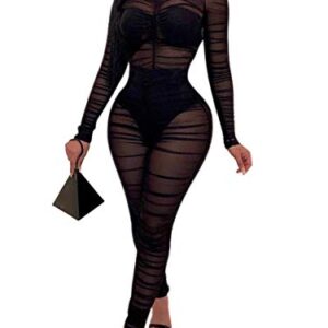 Uni Clau Women One Piece Outfits Mesh Sheer Bodycon Jumpsuit Long Sleeve See Through Party Catsuit Jumpsuits Black S