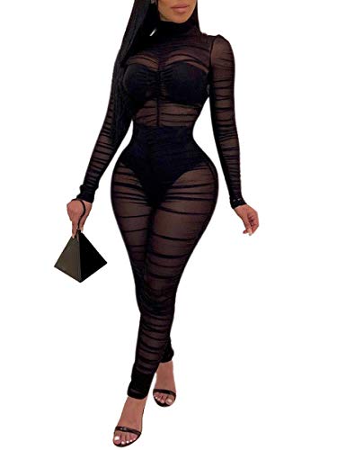 Uni Clau Women One Piece Outfits Mesh Sheer Bodycon Jumpsuit Long Sleeve See Through Party Catsuit Jumpsuits Black S