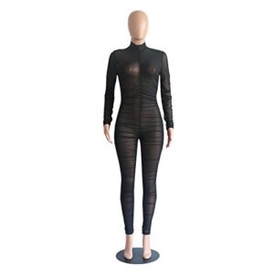 Uni Clau Women One Piece Outfits Mesh Sheer Bodycon Jumpsuit Long Sleeve See Through Party Catsuit Jumpsuits Black S