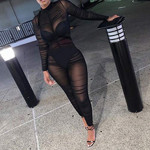 Uni Clau Women One Piece Outfits Mesh Sheer Bodycon Jumpsuit Long Sleeve See Through Party Catsuit Jumpsuits Black S