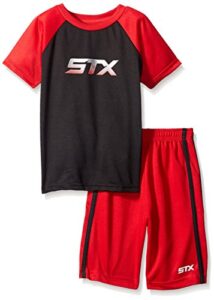stx big boys’ 2 piece performance athletic t-shirt and short set, red/black, 10/12