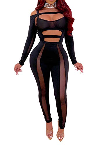 Uni Clau Women's Sexy See Through Jumpsuit Sheer Mesh Hollow Out Criss Cross Bodycon Jumpsuits One Piece Club Rompers Black XL