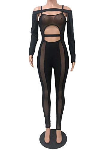 Uni Clau Women's Sexy See Through Jumpsuit Sheer Mesh Hollow Out Criss Cross Bodycon Jumpsuits One Piece Club Rompers Black XL