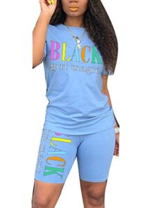 uni clau women’s letter two-piece outfit tracksuit – casual short sleeve t-shirts bodycon shorts set jumpsuit rompers light blue