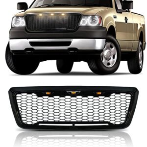 BoardRoad Front Grille Front Hood Grill Raptor Style Matte Black with 3 LED Lights Fit For 04-08 Ford F150 Including XL XLT FX2 FX4 STX XTR Flotillera Lariat King Ranch Platinum