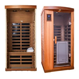 xmatch far infrared wooden sauna in canadian red cedar, 1-person plus size, with 1510w, 8 low emf heaters, 2 bluetooth speakers, 1 led reading lamp and 2 chromotherapy lights