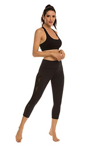 romansong High Waisted Workout Compression Capri Leggings for Women Petite Skinny Mesh Gym Legings with Pockets(Black,Small)