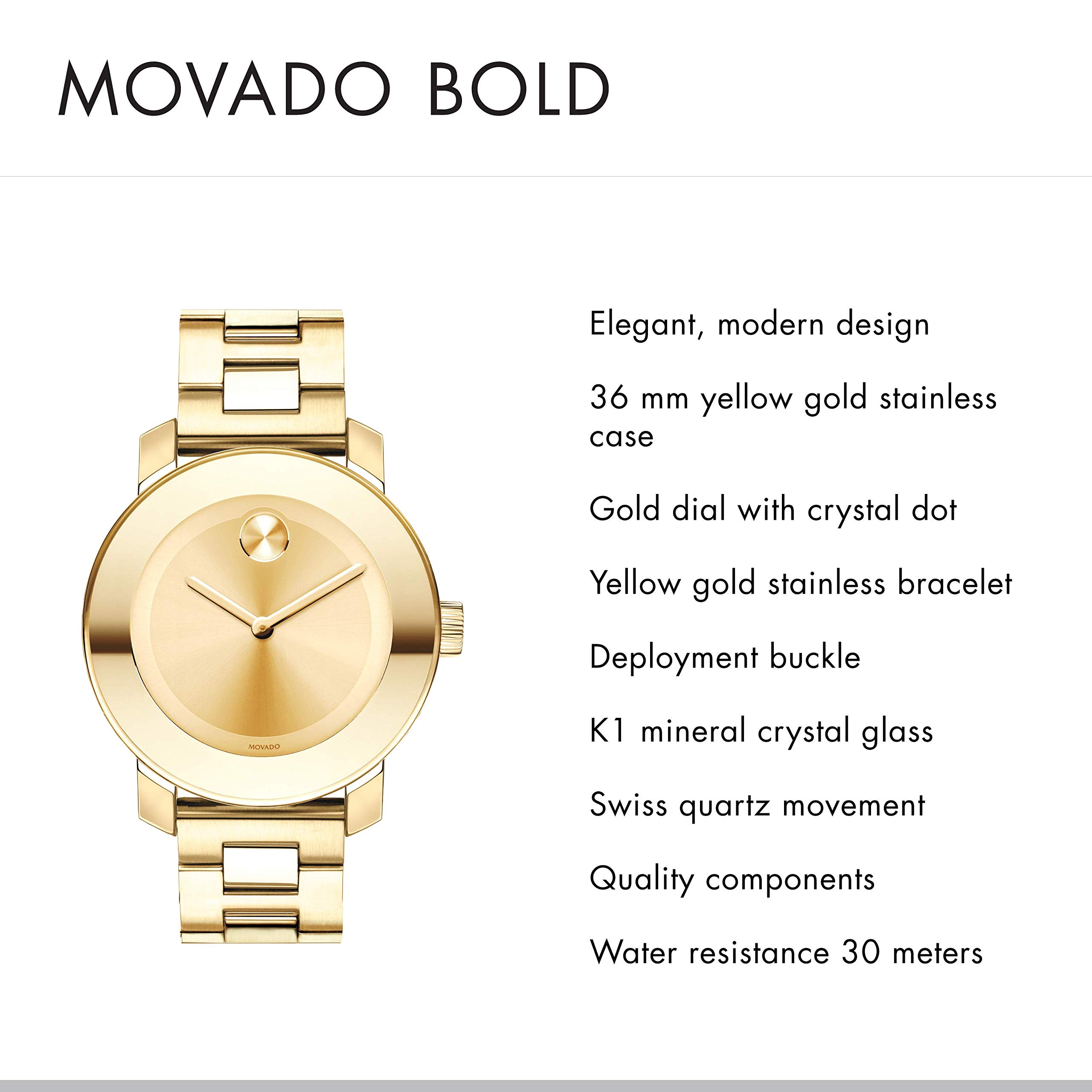 Movado Women's BOLD Iconic Metal Yellow Gold Watch with a Flat Dot Sunray Dial, Gold (Model 3600085)