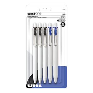 uniball one gel pen 5 pack, black pens and blue pens, medium 0.7mm gel pens, fine point, smooth writing pens, home office supplies by uni-ball, ink pens, ballpoint pens, bulk pens for journaling