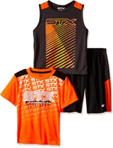 stx big boys’ 3 piece performance t-shirt, tank, and short, neon orange/black, 10