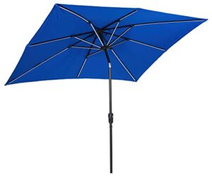 sun-ray 811030rb 9’x7′ rectangular 8-rib next gen solar lighted patio umbrella, 30 led lights with unique strip lighting, crank and tilt, aluminum frame, royal blue