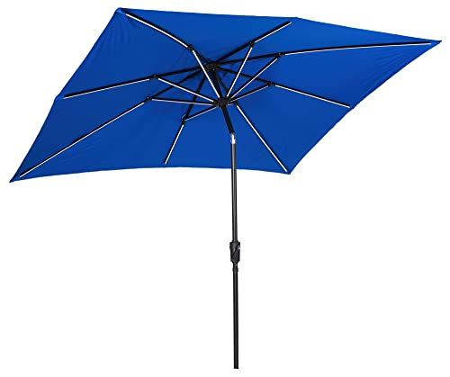 Sun-Ray 811030RB 9'x7' Rectangular 8-Rib Next Gen Solar Lighted Patio Umbrella, 30 LED Lights with Unique Strip Lighting, Crank and Tilt, Aluminum Frame, Royal Blue