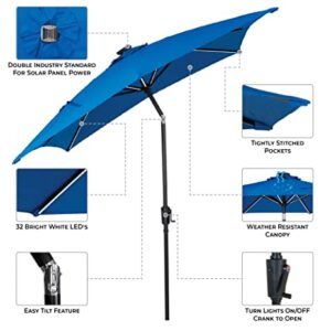 Sun-Ray 811030RB 9'x7' Rectangular 8-Rib Next Gen Solar Lighted Patio Umbrella, 30 LED Lights with Unique Strip Lighting, Crank and Tilt, Aluminum Frame, Royal Blue