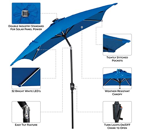 Sun-Ray 811030RB 9'x7' Rectangular 8-Rib Next Gen Solar Lighted Patio Umbrella, 30 LED Lights with Unique Strip Lighting, Crank and Tilt, Aluminum Frame, Royal Blue