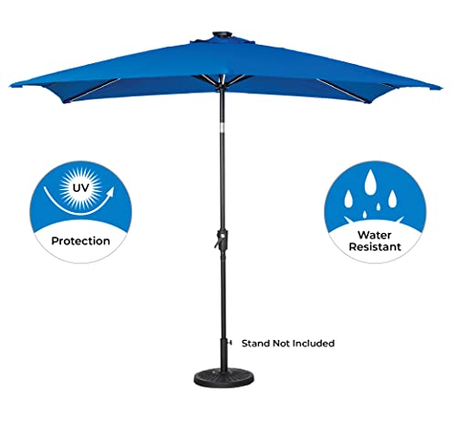 Sun-Ray 811030RB 9'x7' Rectangular 8-Rib Next Gen Solar Lighted Patio Umbrella, 30 LED Lights with Unique Strip Lighting, Crank and Tilt, Aluminum Frame, Royal Blue