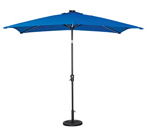 Sun-Ray 811030RB 9'x7' Rectangular 8-Rib Next Gen Solar Lighted Patio Umbrella, 30 LED Lights with Unique Strip Lighting, Crank and Tilt, Aluminum Frame, Royal Blue