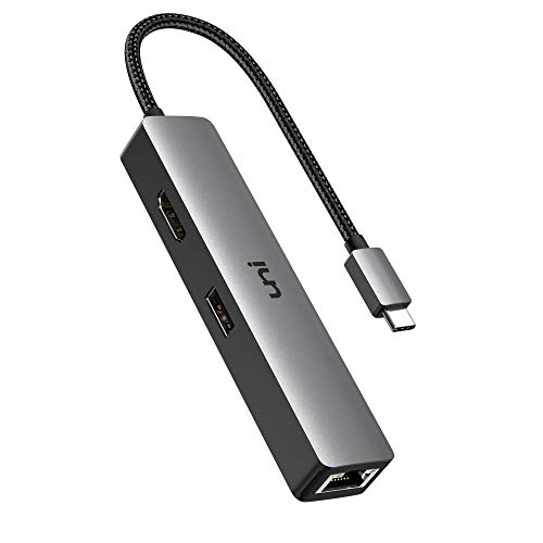 USB C Hub, uni 5-in-1 USB C to Ethernet Adapter Hub with 4K USB C to HDMI, 1Gbps Gigabit Ethernet Port, 3 USB 3.0 Ports (Aluminum Shell, Nylon Braided Cord) for MacBook Pro, iPad Pro, XPS and More