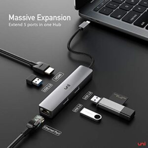 USB C Hub, uni 5-in-1 USB C to Ethernet Adapter Hub with 4K USB C to HDMI, 1Gbps Gigabit Ethernet Port, 3 USB 3.0 Ports (Aluminum Shell, Nylon Braided Cord) for MacBook Pro, iPad Pro, XPS and More