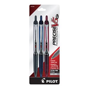 pilot precise v5 0.5mm extra fine retractable rolling ball with liquid ink in navy, black, and burgundy ink
