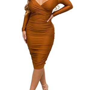 Uni Clau Women Elegant Sexy Deep V Neck Solid Color Ruched Dress Long Sleeve Off Shoulder Bodyocn Midi Dress Skinny Pleated Dress Party Night Club Dresses Brown M