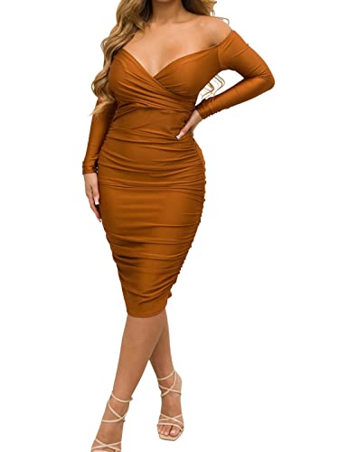 Uni Clau Women Elegant Sexy Deep V Neck Solid Color Ruched Dress Long Sleeve Off Shoulder Bodyocn Midi Dress Skinny Pleated Dress Party Night Club Dresses Brown M