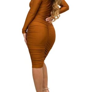 Uni Clau Women Elegant Sexy Deep V Neck Solid Color Ruched Dress Long Sleeve Off Shoulder Bodyocn Midi Dress Skinny Pleated Dress Party Night Club Dresses Brown M