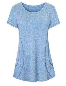 cucuchy yoga outfit women, workout clothing petite fitness gym top basic short sleeve round neck shirt breathable lightweight tops comfortable quick dry clothes training jersey shirts blue m