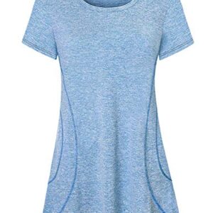 Cucuchy Yoga Outfit Women, Workout Clothing Petite Fitness Gym Top Basic Short Sleeve Round Neck Shirt Breathable Lightweight Tops Comfortable Quick Dry Clothes Training Jersey Shirts Blue M