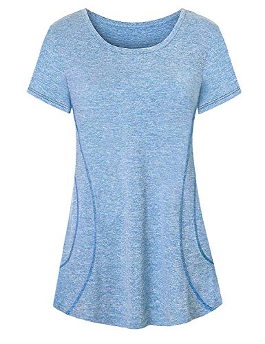 Cucuchy Yoga Outfit Women, Workout Clothing Petite Fitness Gym Top Basic Short Sleeve Round Neck Shirt Breathable Lightweight Tops Comfortable Quick Dry Clothes Training Jersey Shirts Blue M