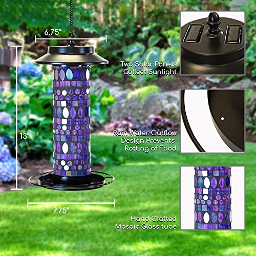 Sun-Ray 811015 Amethyst Mosaic Solar Lighted Bird Feeder Hanging Lantern - Multicolor/Violet/Purple/Blue