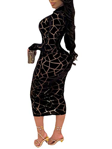 Uni Clau Women Sexy Sheer Mesh Boydcon Mini Dress See Through Patchwork Long Sleeve Zipper Skinny Clubwear Party Dress Black 2XL