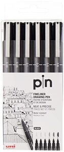 uni pin fineliner drawing pen – sketching set – black ink – 0.03 to 0.8mm – set of 6