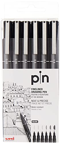 Uni Pin Fineliner Drawing Pen - Sketching Set - Black Ink - 0.03 to 0.8mm - Set of 6