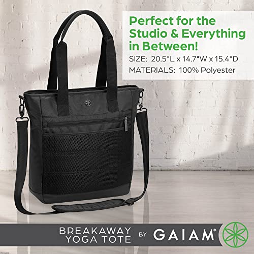 Gaiam Breakaway Yoga Tote Bag - Gym and Travel Essentials Bag with Multiple Zippered Pockets, Padded Laptop Compartment, Yoga Mat Straps, and Adjustable Shoulder Strap - Black, 15"x13"x3.5"