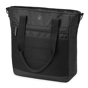 gaiam breakaway yoga tote bag – gym and travel essentials bag with multiple zippered pockets, padded laptop compartment, yoga mat straps, and adjustable shoulder strap – black, 15″x13″x3.5″