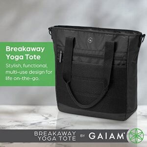 Gaiam Breakaway Yoga Tote Bag - Gym and Travel Essentials Bag with Multiple Zippered Pockets, Padded Laptop Compartment, Yoga Mat Straps, and Adjustable Shoulder Strap - Black, 15"x13"x3.5"