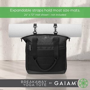 Gaiam Breakaway Yoga Tote Bag - Gym and Travel Essentials Bag with Multiple Zippered Pockets, Padded Laptop Compartment, Yoga Mat Straps, and Adjustable Shoulder Strap - Black, 15"x13"x3.5"